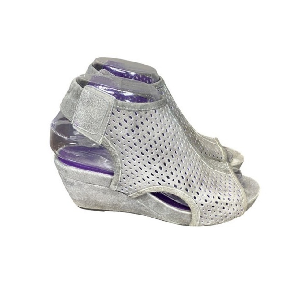 Vaneli Inez Grey Suede Perforated Wedge Sandals Ankle Strap Womens 6.5M
